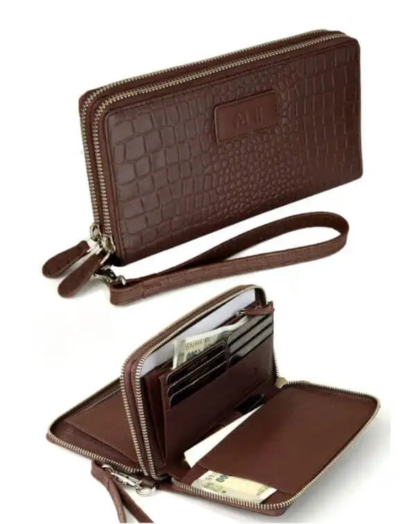 Genuine Leather travel wristlet wallet  - Croc pattern Brown