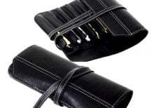 Genuine leather black pen rollup