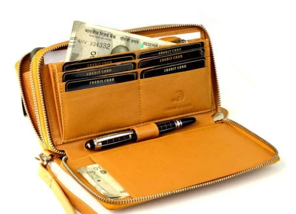 Genuine Leather travel wristlet wallet  - Safiano pattern mango tan - Image 2