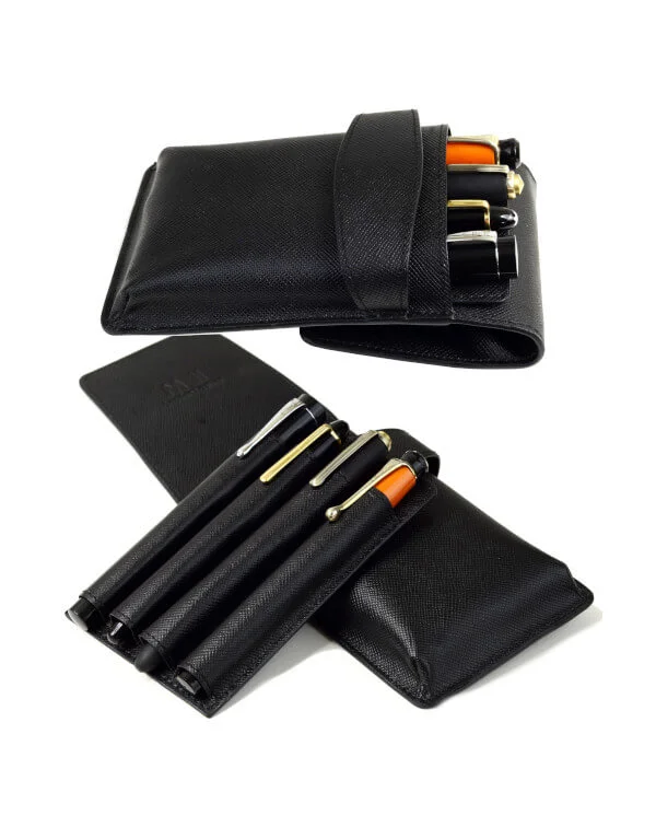 Leather pen pouch with slide-in tray - Safiano leather