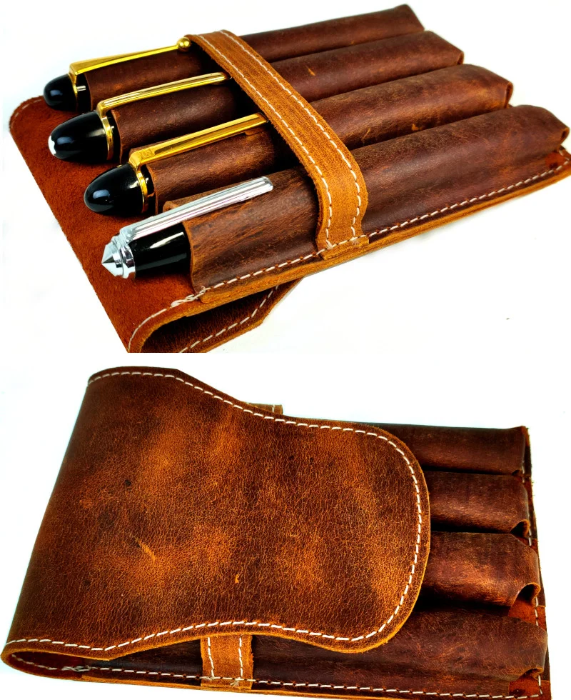 Vintage tan leather pen pouch pens