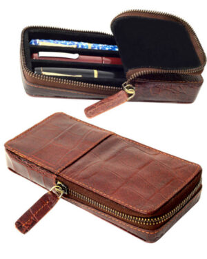 crocodile pattern brown wooden pen case