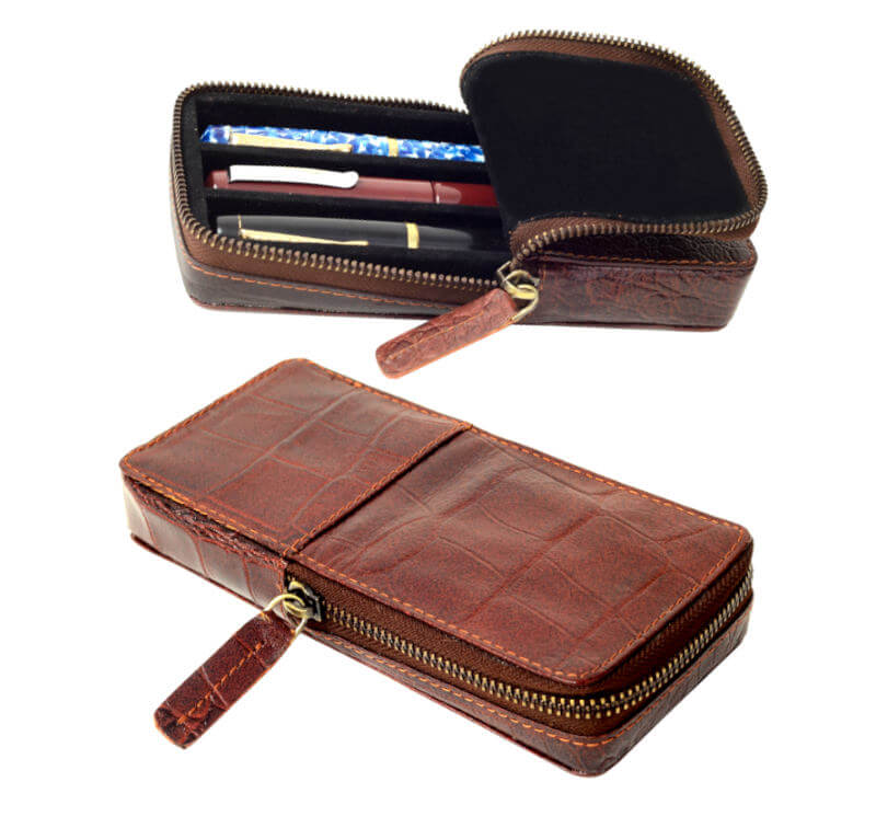 Genuine Leather hard pen case with vegetable tanned leather | 3 super Jumbo Pens | Crocodile pattern