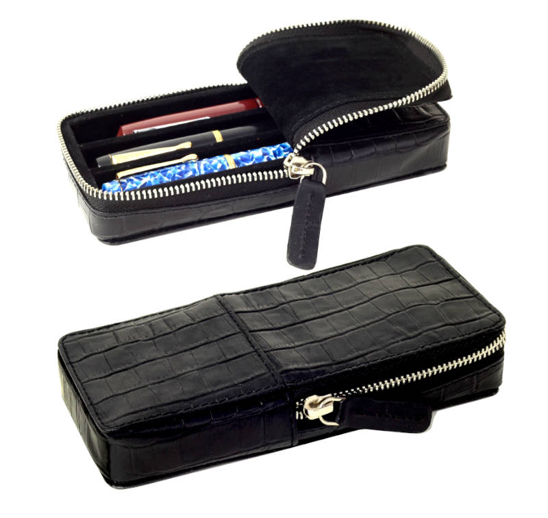 Genuine Leather hard pen case with vegetable tanned leather | 3 super Jumbo Pens | black Crocodile pattern